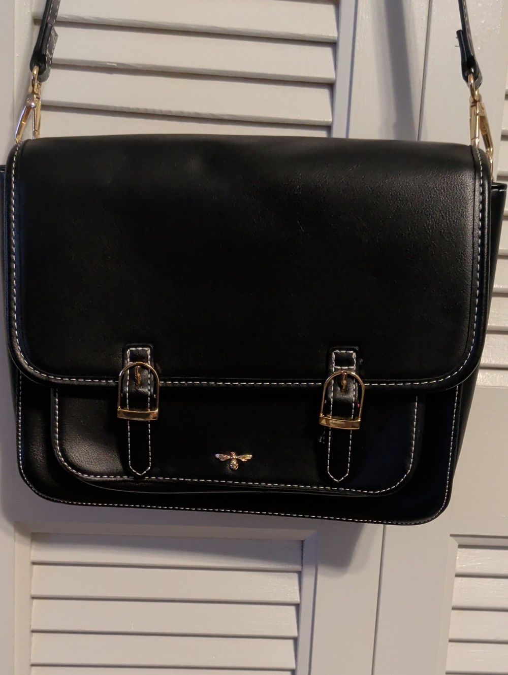 Fable Black Faux Leather Crossbody with Patterned Interior